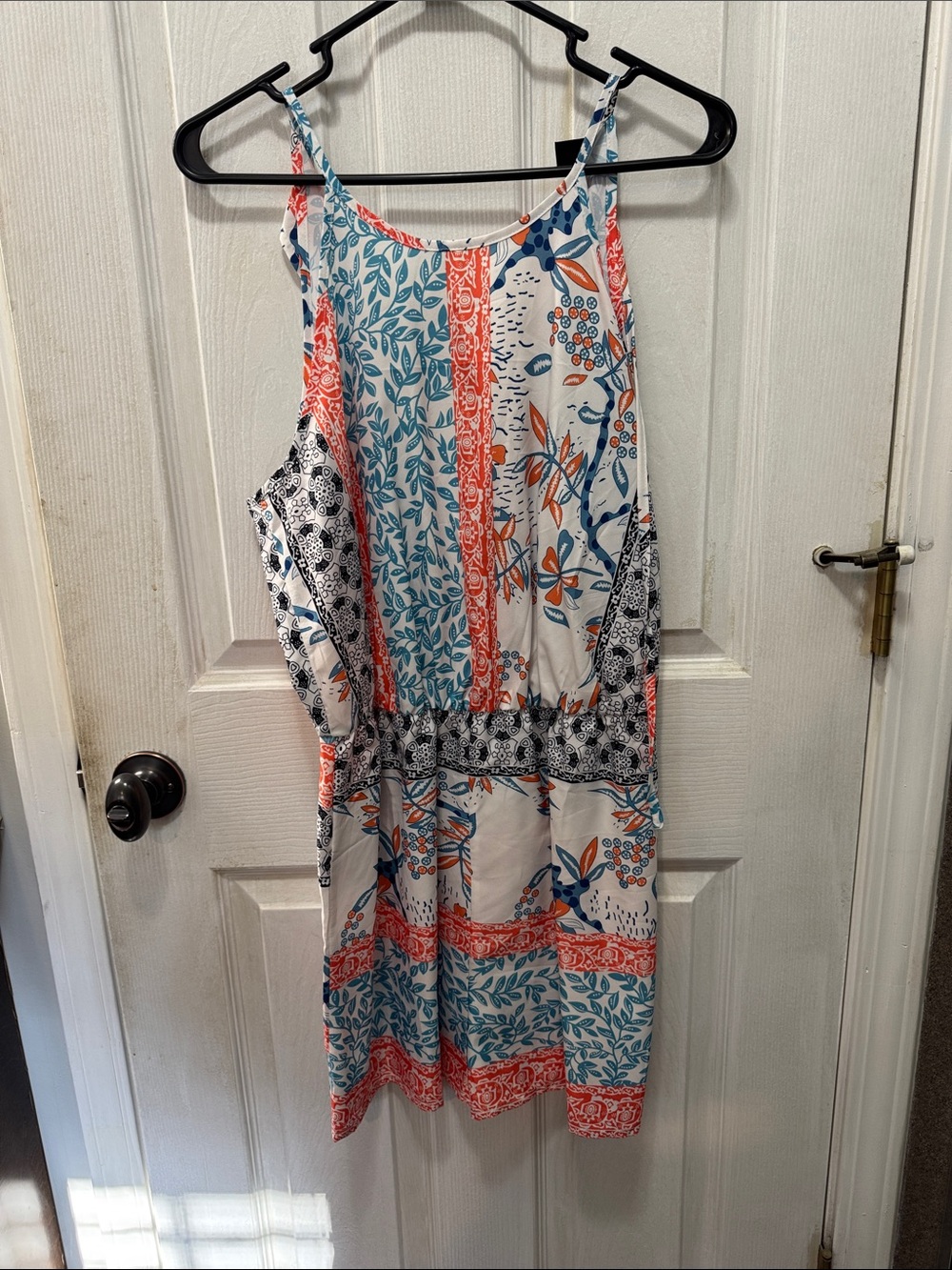 Floral Patchwork Sleeveless Sundress in White, Coral & Teal